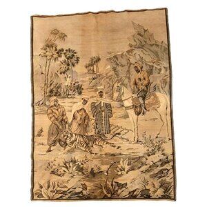 Vintage Woven Tapestry Depicting Exotic Hunting Scene With Tiger Riders & Figure